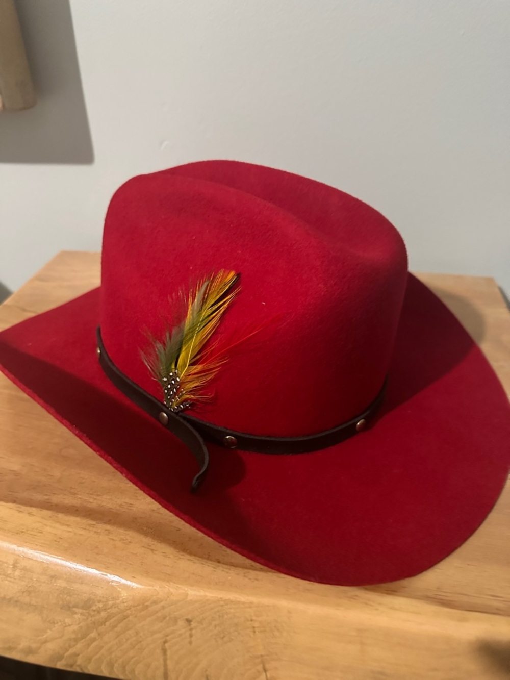 Vintage Smithbilt Red Wool Felt Cowboy Hat with Feather Accent